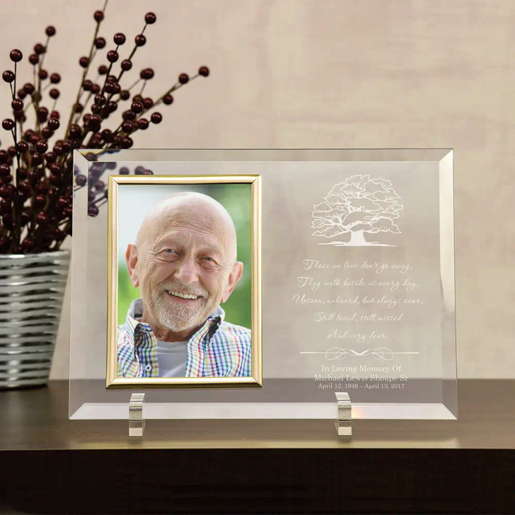 Beside Us personalized memorial glass picture frame with comforting poem, holds a 4x6 photo, personalized with name and dates