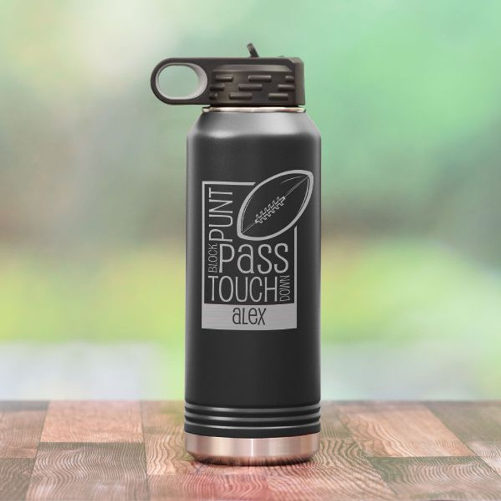 Personalized football water bottle shown in black