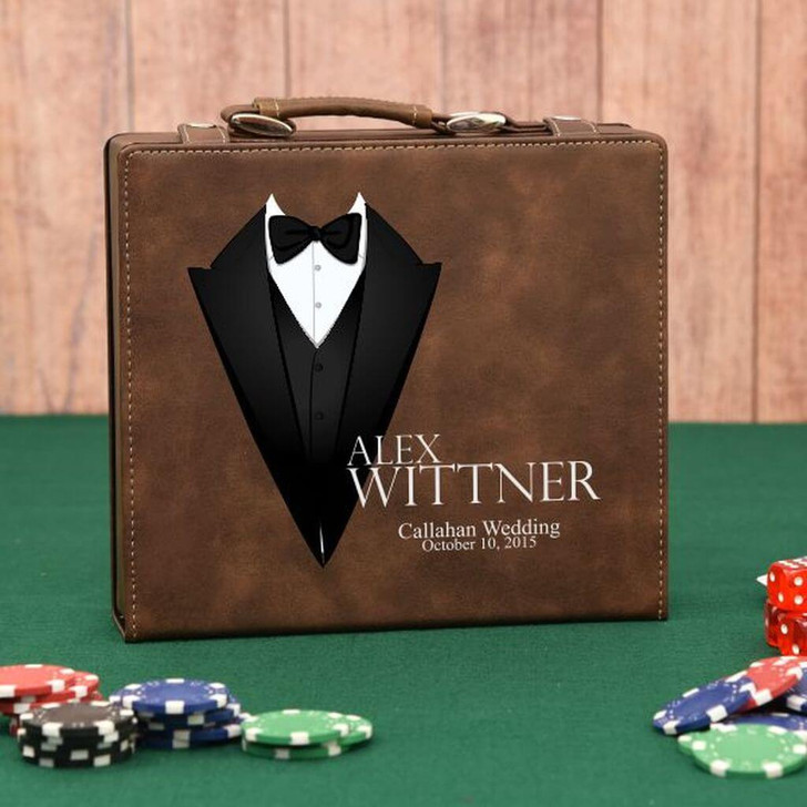 Groomsmen poker set in rustic brown personalized with name & title