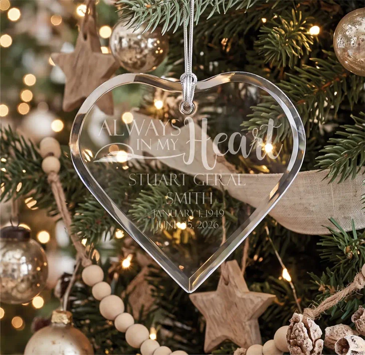 Personalized In My Heart glass heart memorial ornament engraved with name and dates