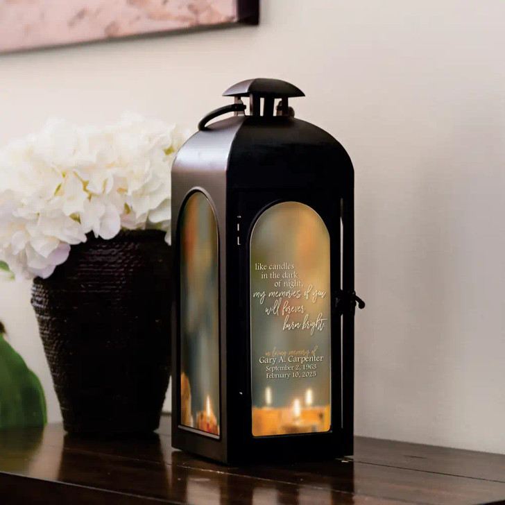 Memories Burn Bright personalized memorial lantern printed with loved one's name and dates