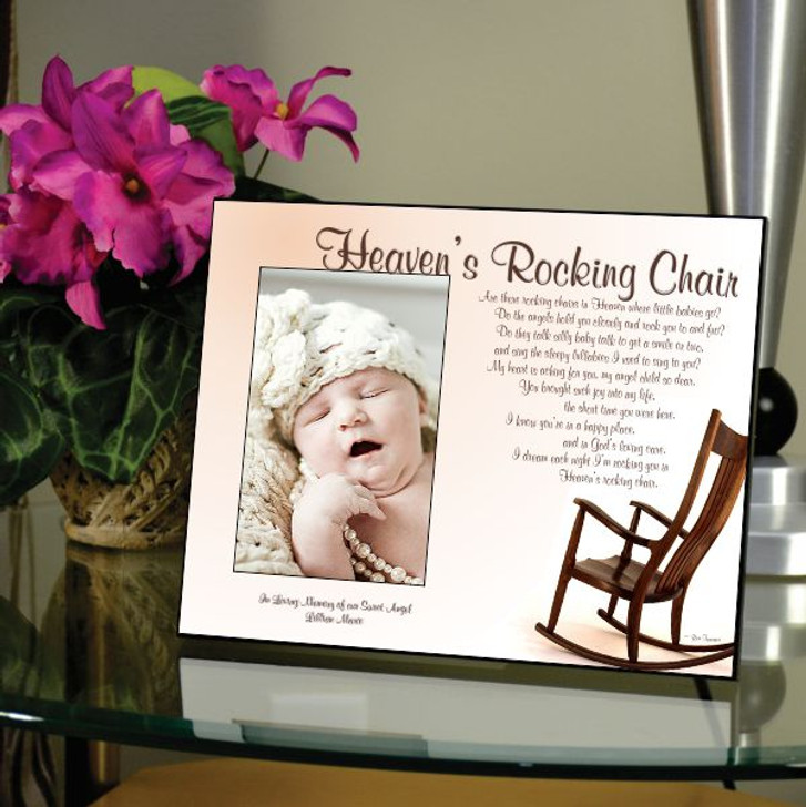 Heavens Rocking Chair memorial picture frame is personalized with name