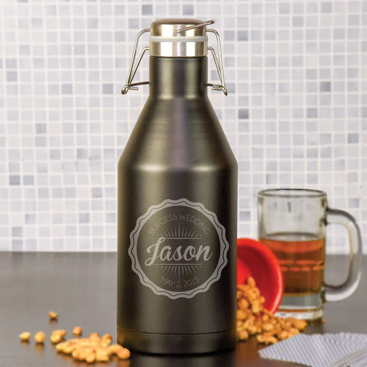 Wedding growler is personalized with name & wedding date