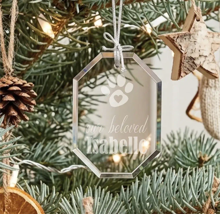 Personalized Beloved Dog glass pet memorial ornament engraved with dog's name