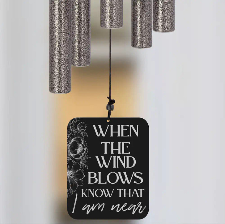 I Am Near Pewter Wind Chime sail engraved with "When the wind blows, know that I am near" — personalized memorial wind chime
