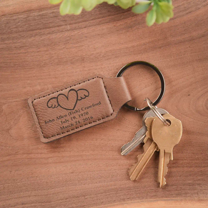 In My Heart Key Chain in Dark Brown, personalized with loved one's name and dates