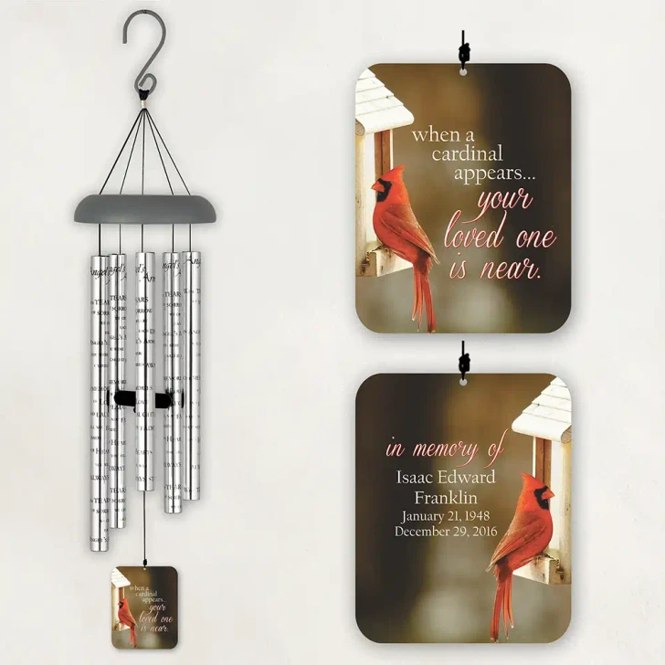 Cardinals Memorial Wind Chime featuring full-color cardinal artwork and memorial verse — personalized with name and dates