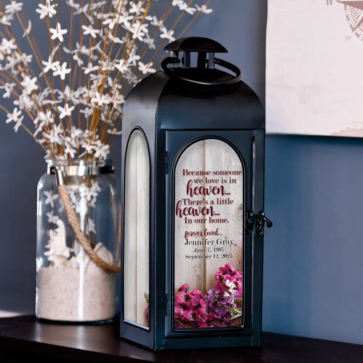 Heaven in Our Home memorial lantern personalized with loved one's name and dates