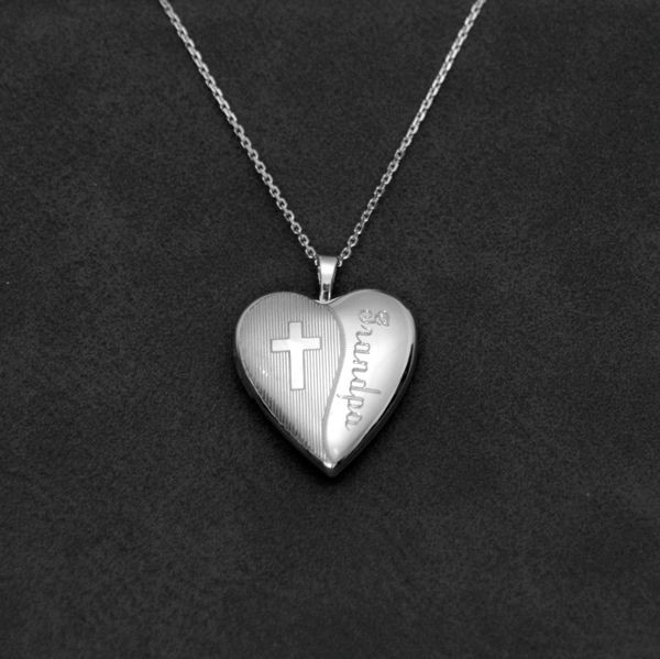 Personalized Memorial Heart Locket with cross, sterling silver, holds two photos
