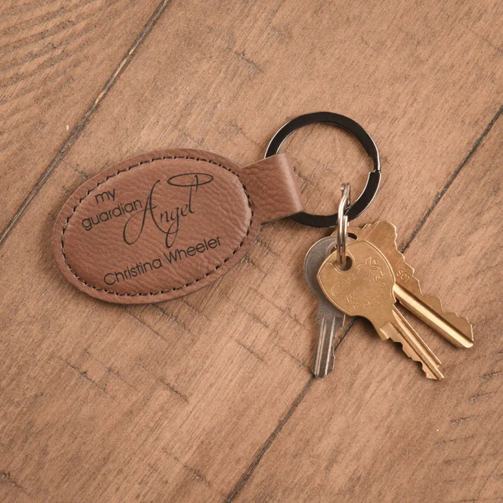 Guardian Angel Oval Key Chain in Dark Brown, personalized with loved one's name and dates