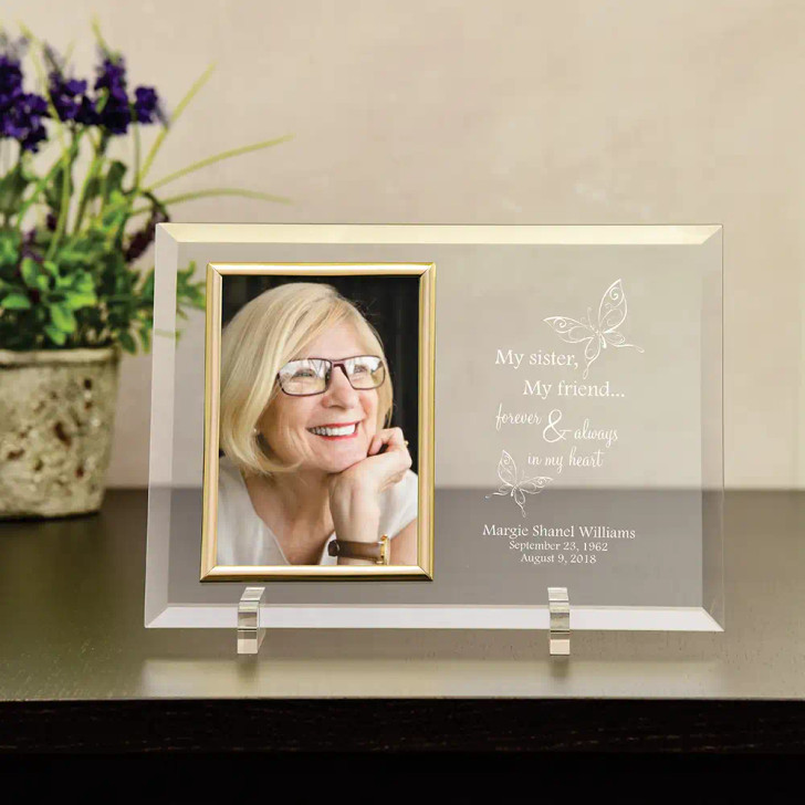 Forever and Always Sister glass memorial frame with sentimental sibling message, a personalized tribute for loss of a sister