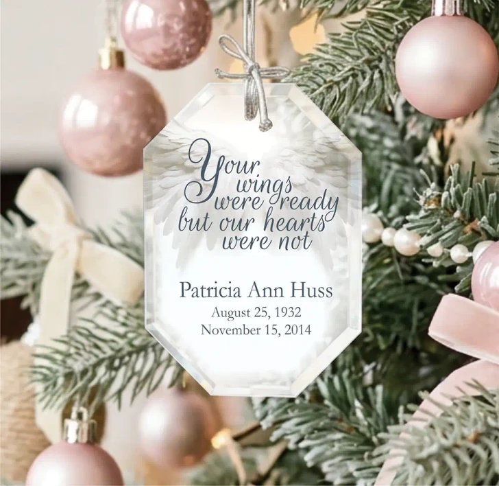 Personalized Angel Wings glass memorial ornament with 'wings were ready' verse, engraved with name and dates