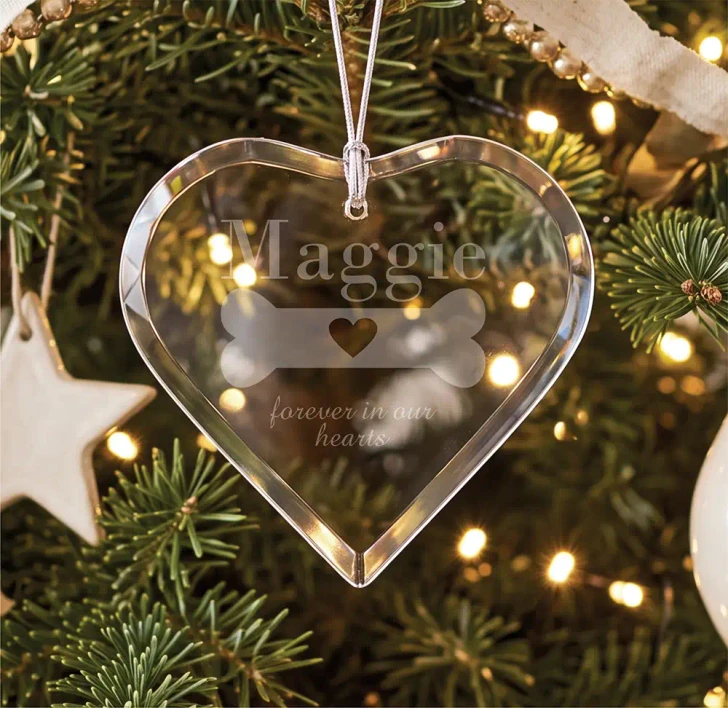 Personalized Loss of Dog glass heart pet memorial ornament engraved with dog's name