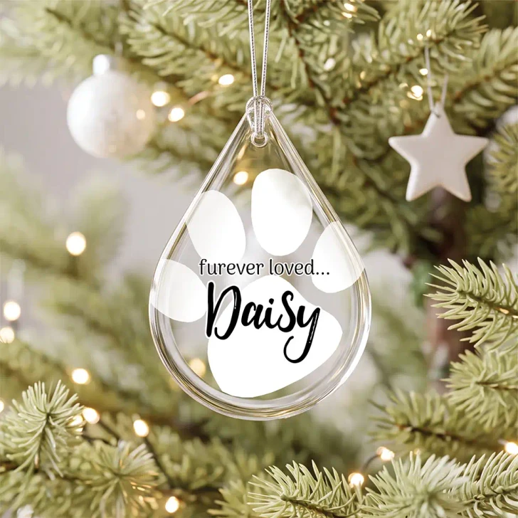 Personalized Furever Our Pet glass teardrop memorial ornament with paw print, engraved with pet's name