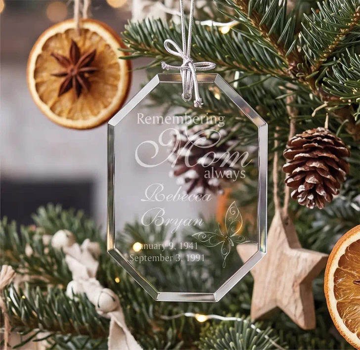 Personalized Remember Mom glass memorial ornament with butterfly, engraved with name and dates