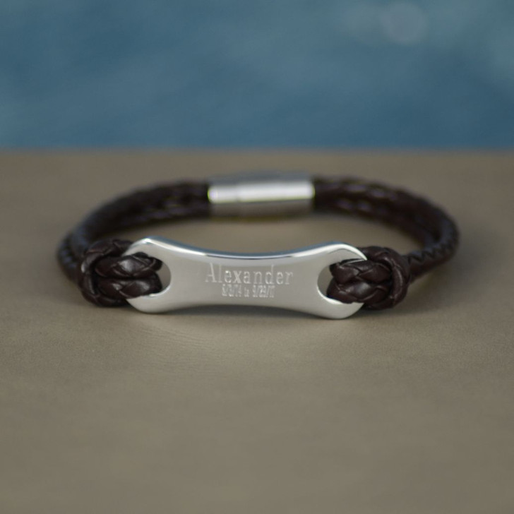 Personalized Memory Bracelet with braided leather and an engraved stainless steel plate