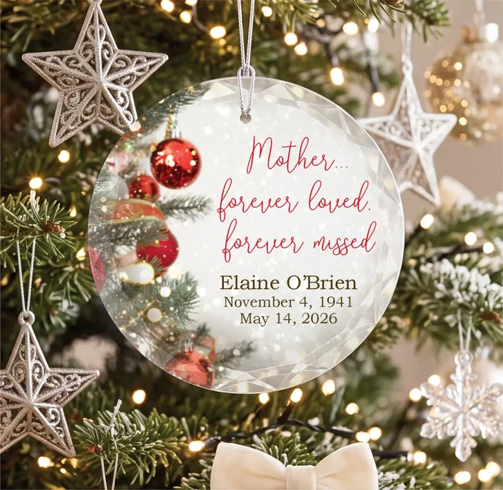 Personalized Loved Mother glass memorial ornament with holiday design, engraved with name and dates