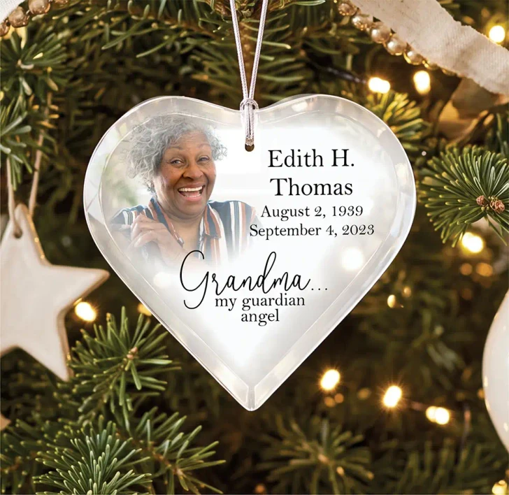 Personalized Grandma Guardian Angel glass heart memorial ornament with photo, name, and dates