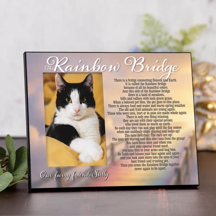 Personalized wooden Rainbow Bridge pet memorial picture frame with easel back, featuring the Rainbow Bridge poem, soft rainbow colors, pet's name, and a 4x6 photo space, displayed on a tabletop.