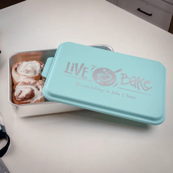 Live, Love, Bake Personalized Cake pan has her name on it.