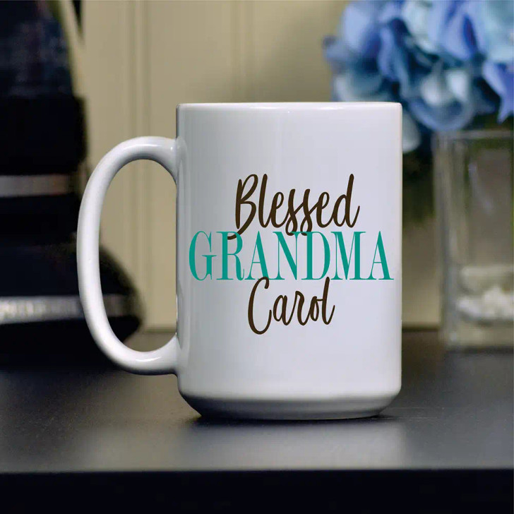 Personalized coffee mug for mom says "Blessed Grandma" and has her name