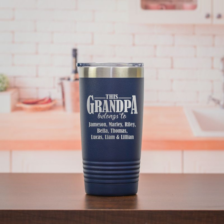 Personalized travel mug for grandpa features grandkids' names