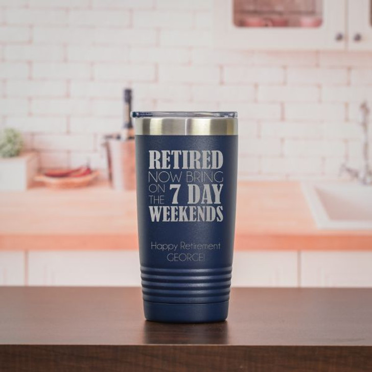 Personalize this retirement travel mug with a short message.