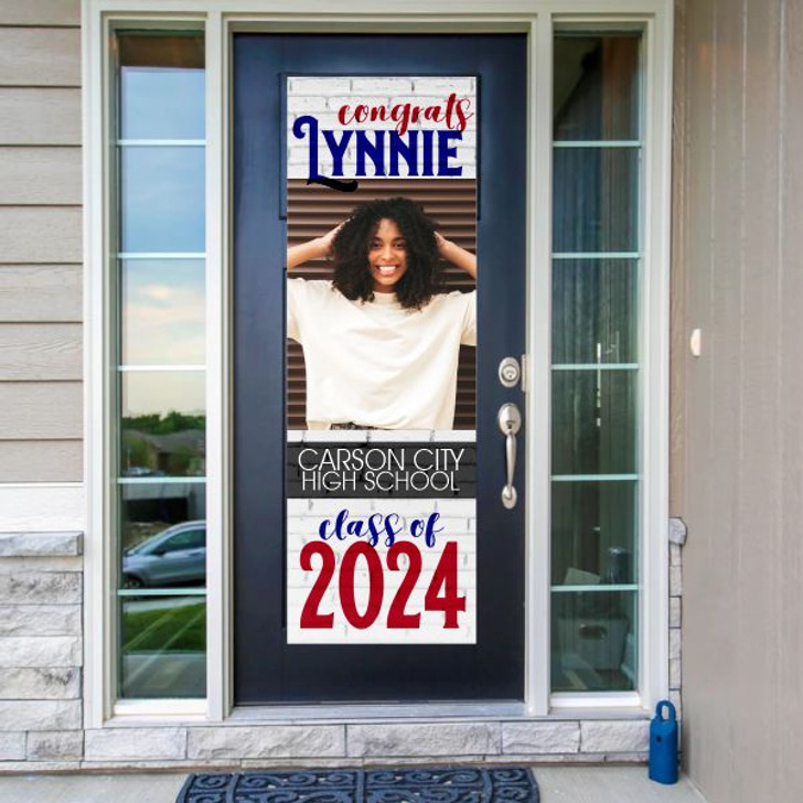 Personalized graduation banner fits on door and has graduates name, school, year & picture
