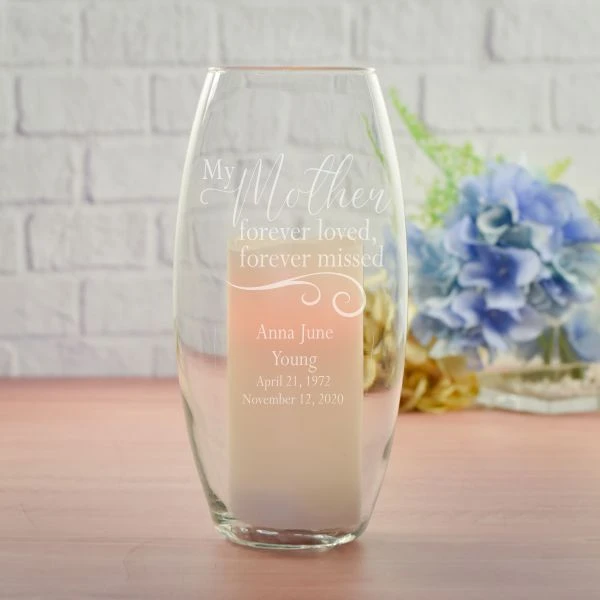 My Mother memorial glass hurricane, personalized with her name and dates