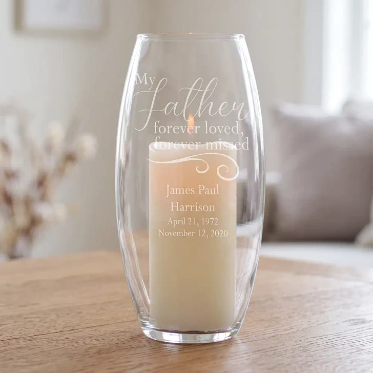 My Father memorial glass hurricane, personalized with his name and dates