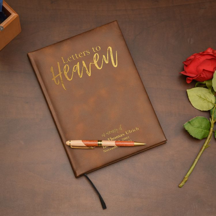 Letters to Heaven personalized memorial journal in rustic brown, engraved with name and dates