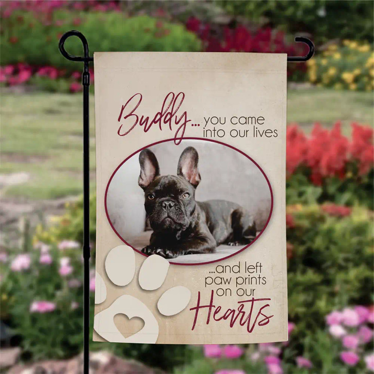 Paw Prints memorial garden flag for a dog, personalized with your pet's name and picture
