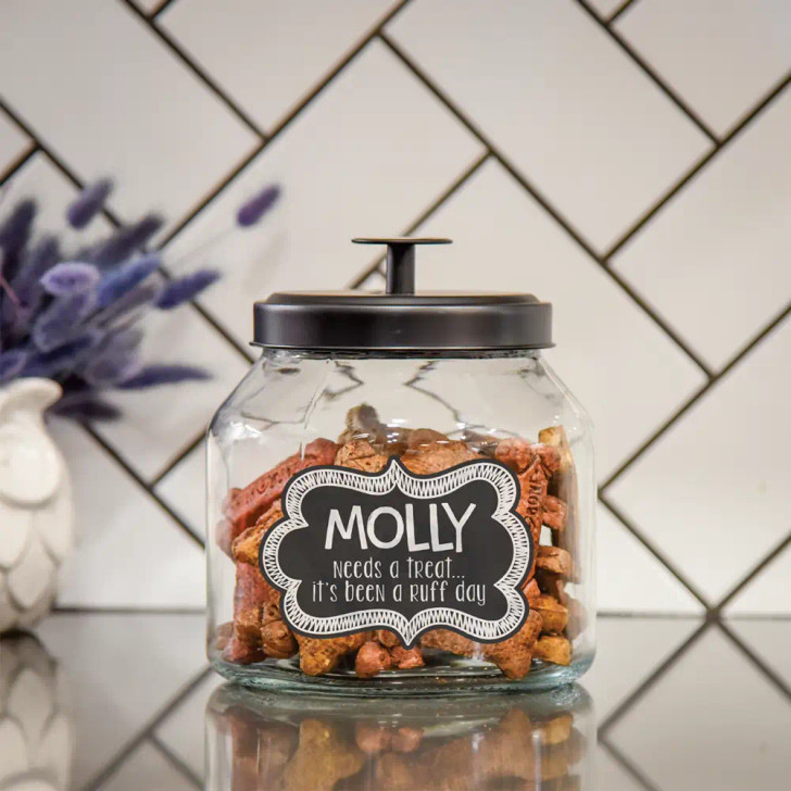 Personalized glass dog treat jar has pet's name along with the saying "... deserve's a treat, it's been a ruff day"