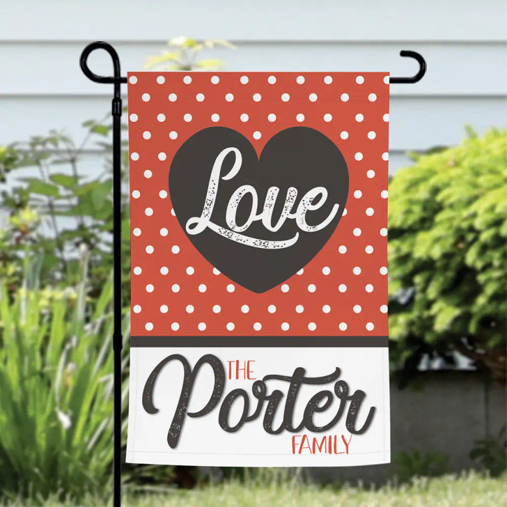 Love personalized Valentine's Day garden flag with family last name