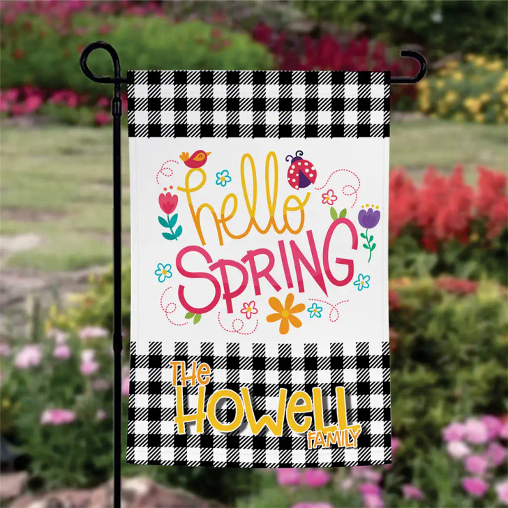 Hello Spring Garden Flag is personalized with family last name