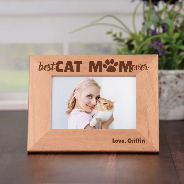Personalized Cat Mom Photo Frame has a short sentiment from her favorite feline!