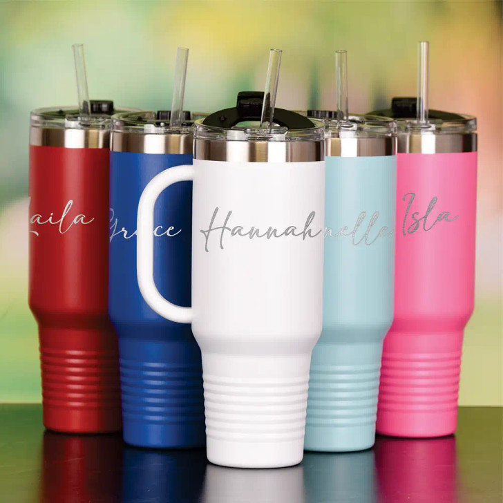 40 oz Quencher Tumbler shown available in 5 colors and personalized with script name