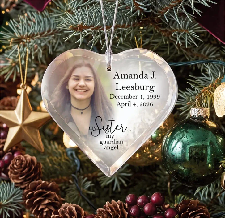 Personalized Angel Sister glass heart memorial ornament with photo, name, and dates