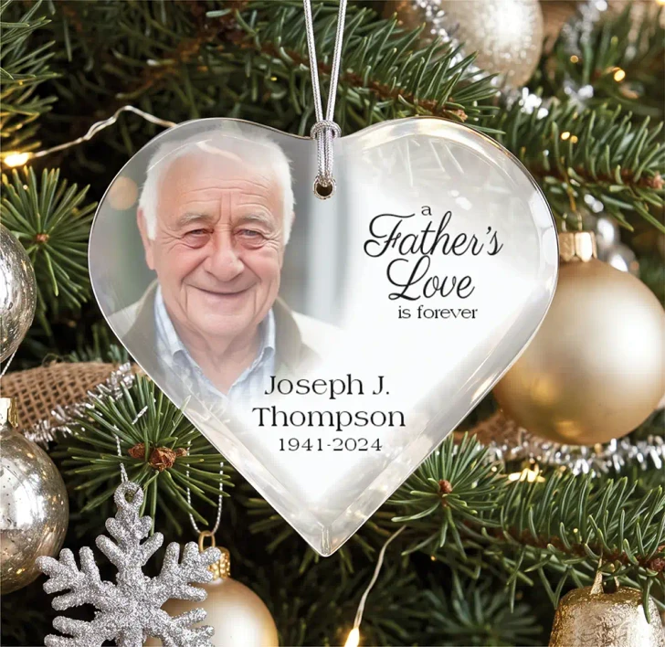 Personalized Father's Love is Forever glass heart memorial ornament with photo, name, and dates