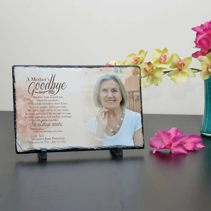 A Mother's Goodbye slate photo plaque with poem, personalized with mom's image, name, and dates