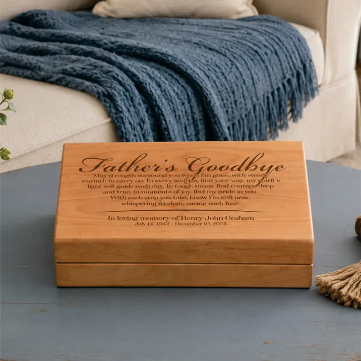 Father's Goodbye alder wood keepsake box with engraved poem, felt lined, personalized for the loss of a father