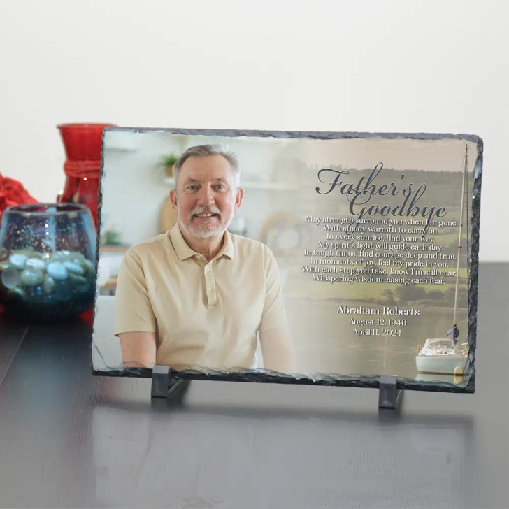 Father's Goodbye slate photo plaque with poem, personalized with dad's picture, name, and dates