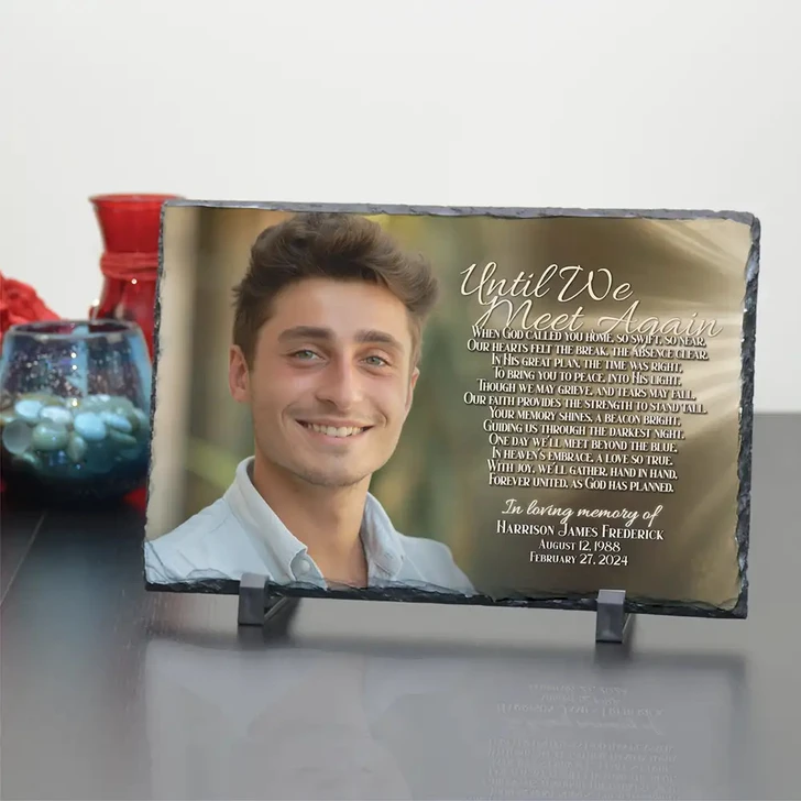 Until We Meet Again slate memorial photo plaque with poem, personalized with a loved one's photo, name, and dates