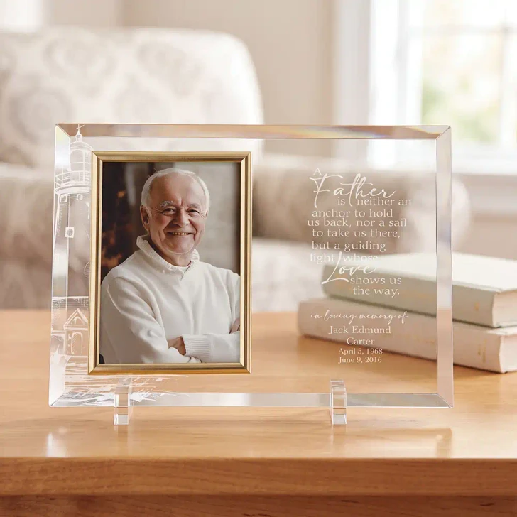 My Father, My Guide glass memorial photo frame holding a 4x6 photo, a personalized tribute for loss of a father