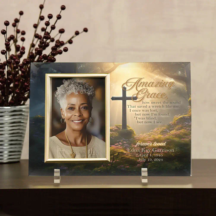 Amazing Grace glass memorial picture frame with elegant script, holds a 4x6 photo, personalized with a loved one's name