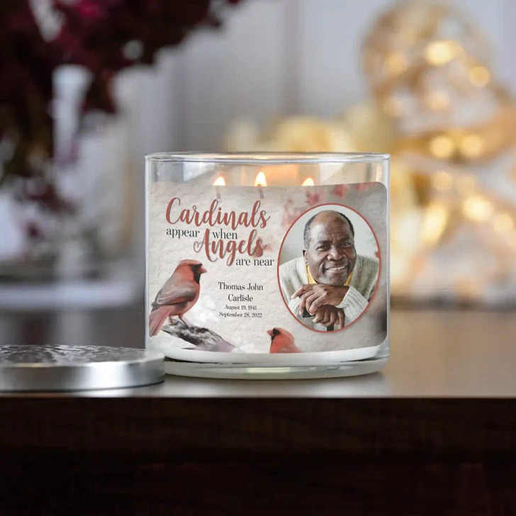 Cardinals Remembrance candle with cardinal design, personalized to honor a loved one