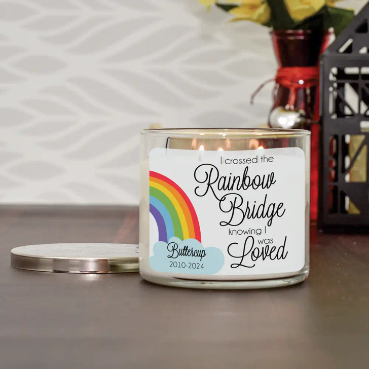 Rainbow Bridge pet remembrance candle, personalized to honor a beloved pet