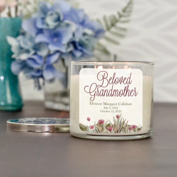 A Beloved Grandmother memorial soy candle, personalized with her name and dates