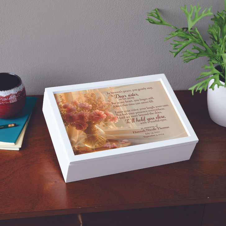 A Dear Sister memorial keepsake box, personalized with her name and dates