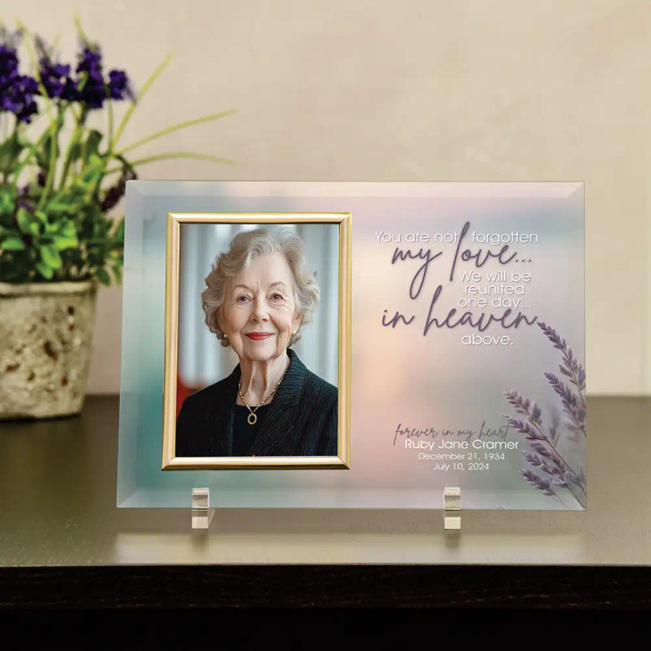 Reunited spouse memorial glass photo frame holding a 4x6 photo, personalized with name and dates, a tribute for loss of a spouse